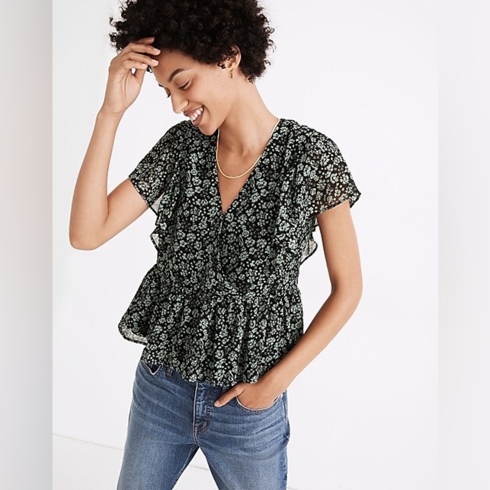 MADEWELL Georgette Ruffle-Sleeve Peplum Top